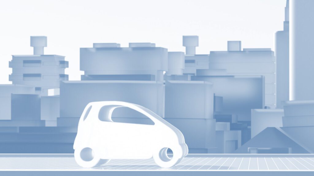 Headerbild Nachhaltigkeit mit Auto vor Skyline