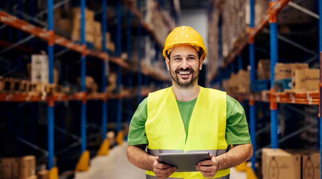 Titelbild für Prozessautomatisierung Logistics Technology. Junger Mann in Warnweste und Helm im Lager, nett in die Kamera lächelnd, hält ein Tablet in der Hand