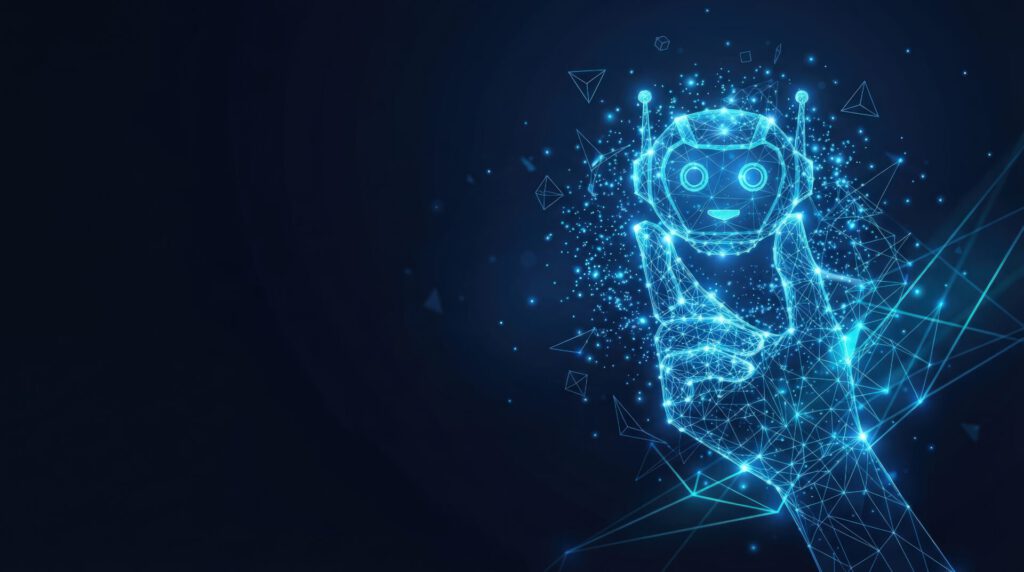 Headerbild zum Thema KI-Agenten: Netzwerk aus Roboterkopf in Menschenhand